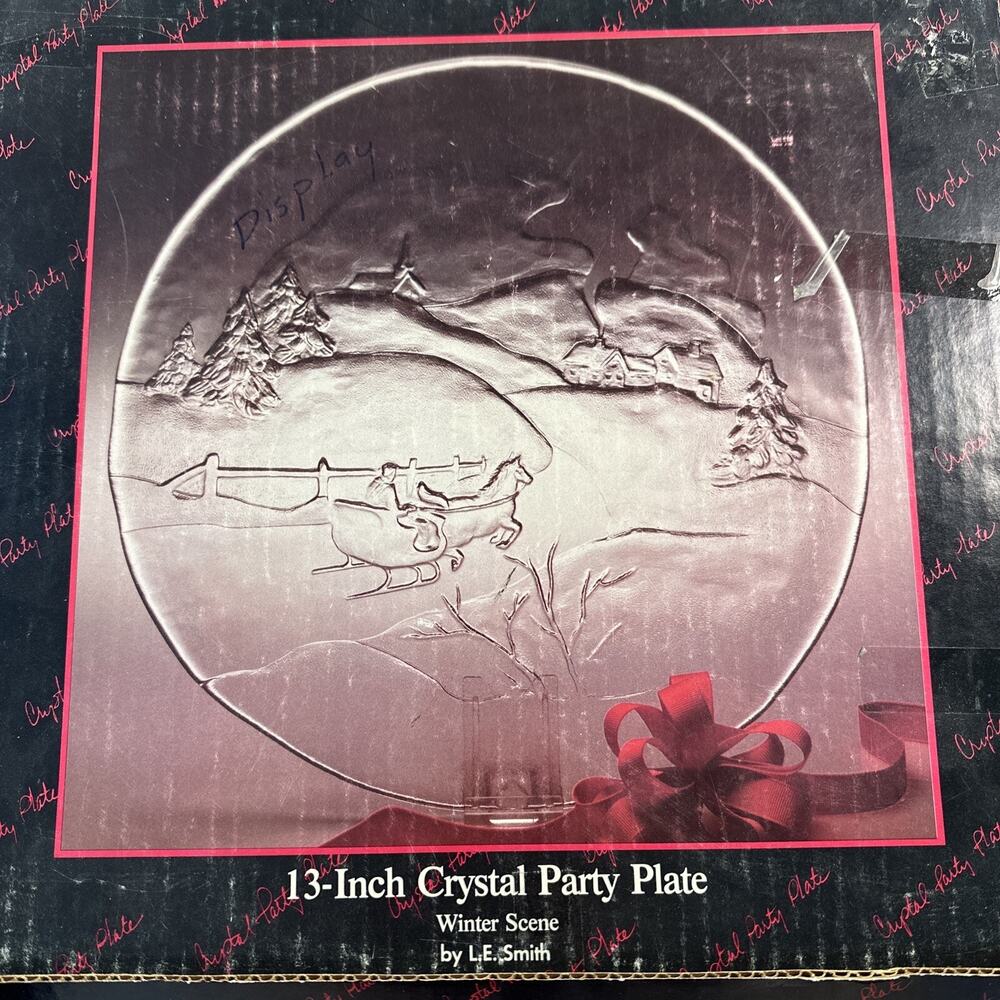 13 Inch Crystal Party Plate by L.E. Smith Winter Christmas Sleigh Ride